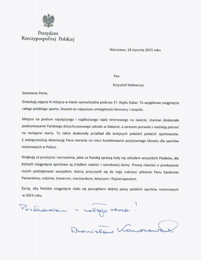 List gratulacyjny Prezydenta RP do Krzysztofa Hołowczyca