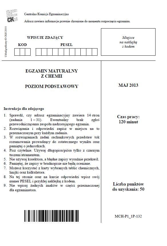 Matura 2013. Chemia - poziom podstawowy [ARKUSZE, ODPOWIEDZI]