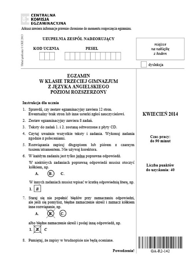 Egzamin gimnazjalny 2014. angielski. Arkusze dla osób z autyzmem, w tym zespołem Aspergera