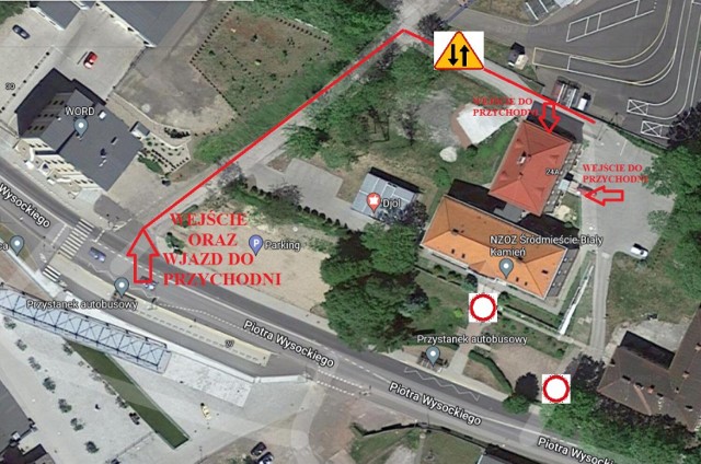 NZOZ "Śródmieście - Biały Kamień" w Wałbrzychu - Mapka wskazująca kierunki poruszania się podczas utrudnień.