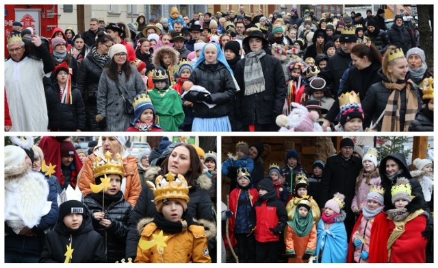 Orszak Trzech Króli w Pleszewie. Trzy parafie z pleszewskich kościołów spotkały się przy żłóbku na Rynku. To były kolorowe jasełka