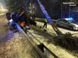 Groźny wypadek w Mysłowicach. Samochód uderzył w słup, bariery i drzewa na ulicy Obrzeżnej Zachodniej