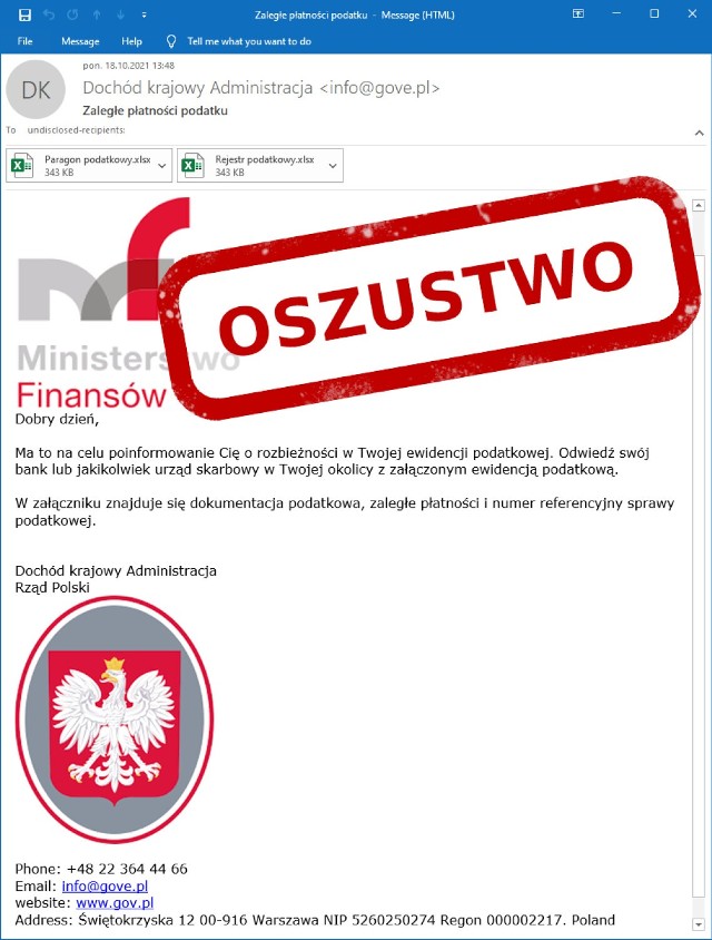 Uwaga na oszustów! Podszywają się pod Ministerstwo Finansów i przysyłają maile: "Zaległe płatności podatku".