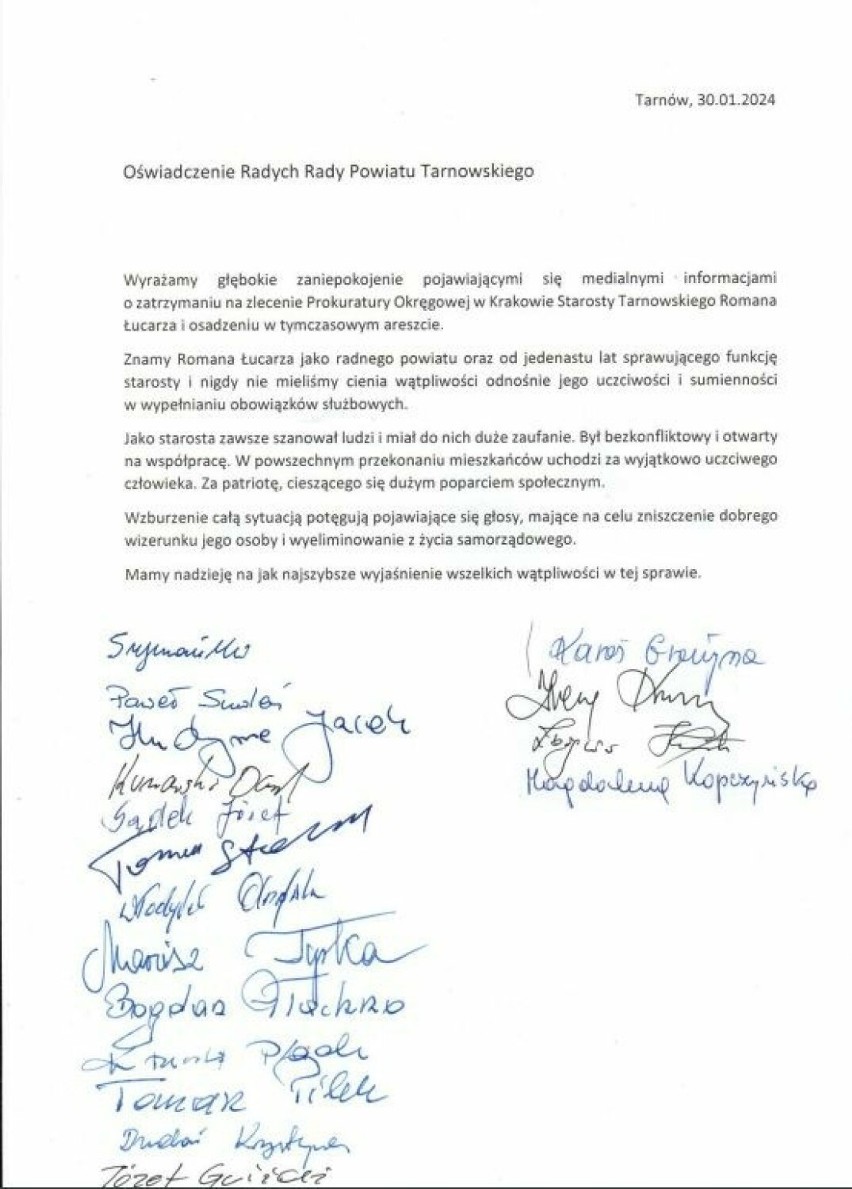 Pierwsze reakcje po aresztowaniu starosty tarnowskiego. Radni PiS bronią samorządowca, jego małżonka pisze o "politycznej zemście"