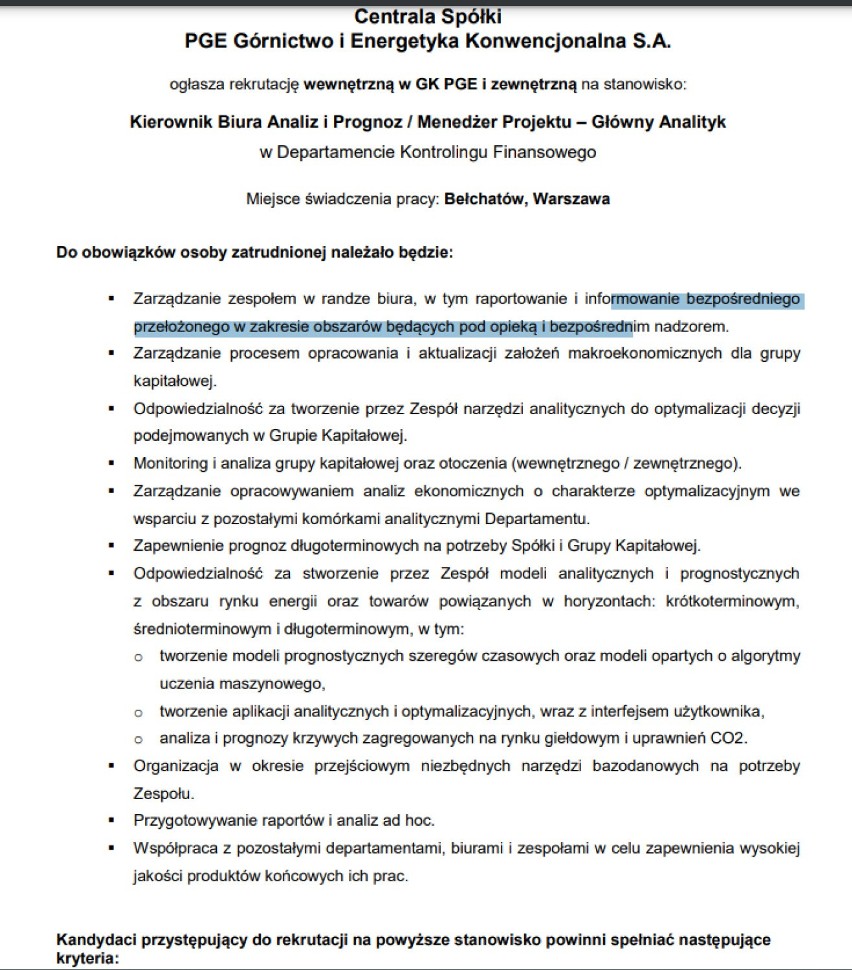 Do pracy przyjmuje centrala PGE GIEK w Bełchatowie, kopalnia...