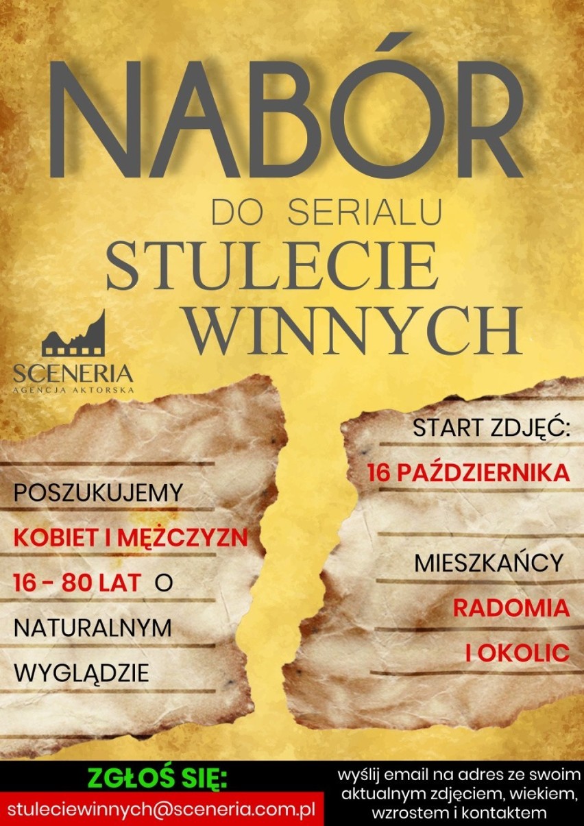 Serial "Stulecie Winnych" w Radomiu. Nagrania ruszą 16 października, filmowcy poszukują statystów