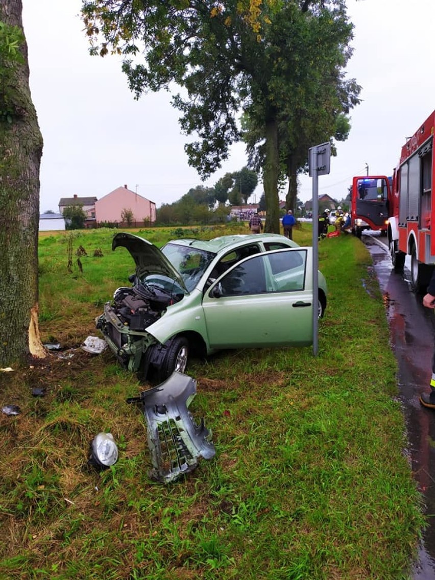 Wypadek w Krasiku na DK 74. Samochód uderzył w drzewo. Jedna osoba ranna [ZDJĘCIA]