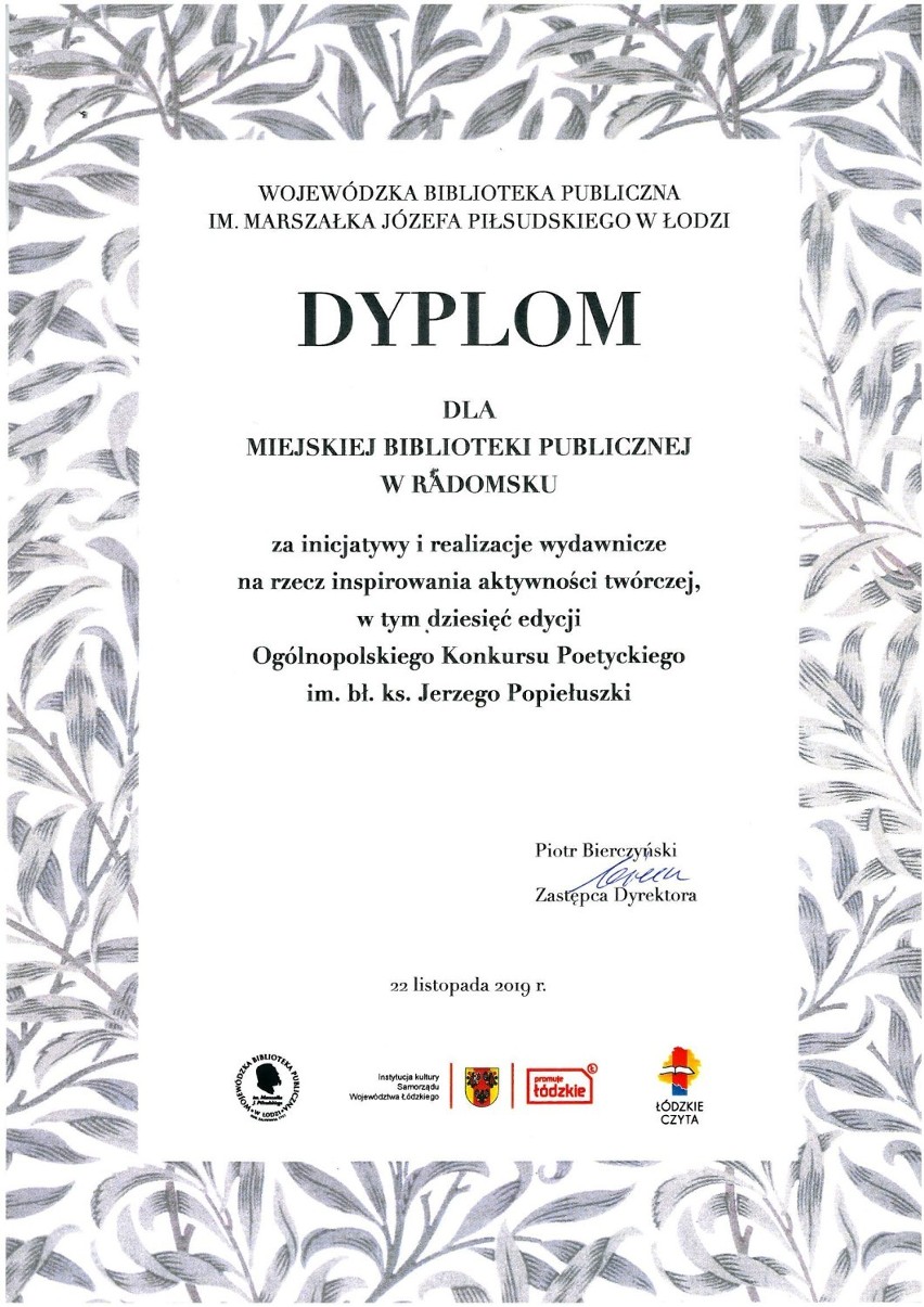 Miejska Biblioteka Publiczna w Radomsku uhonorowana dyplomem