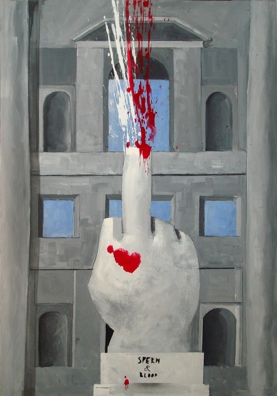 The Krasnal. Krasnal Hałabała "SPERM & BLOOD, Jak wykrwawić i wyspermić naród polski ? / Tribute to Maurizio Cattelan". 2011. Akryl na papierze. 100 x 70 cm