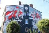 Chorągiew wieluńska w bitwie pod Grunwaldem na muralu przy Krakowskim Przedmieściu 
