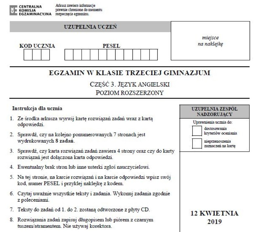 Egzamin gimnazjalny 2019 z CKE. Język angielski poziom rozszerzony ARKUSZ I ODPOWIEDZI. Testy z j. obcego (angielski rozszerzony) 12.04.2019