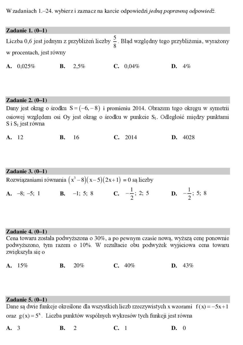 MATURA PRÓBNA MATEMATYKA CKE 2015 ARKUSZ I ODPOWIEDZI