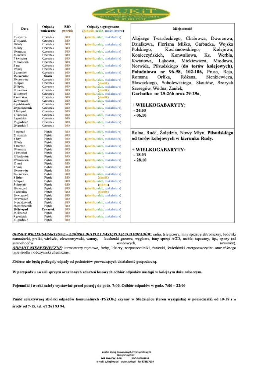 Harmonogram wywozu odpadów komunalnych w gminie Rogoźno w 2022 roku