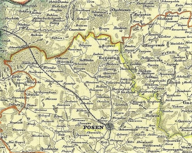 Tereny powiatu obornickiego na pruskiej mapie z 1848 roku. Największą czcionką zapisano nazwę Rogoźna - najludniejszego miasta w powiecie, liczącego wówczas 4,4 tys mieszkańców. Trzy pozostałe miasta: Oborniki, Murowana Goślina i Ryczywół liczyły nie więcej niż 1,5 tys. osób. Największym wsiami były Połajewo, Młynkowo, Boruszyn, Skrzetusz, Ludomy i Gościejewo.