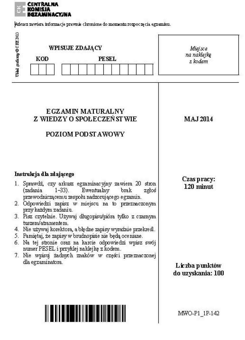 Matura 2014. Wiedza o społeczeństwie poziom podstawowym