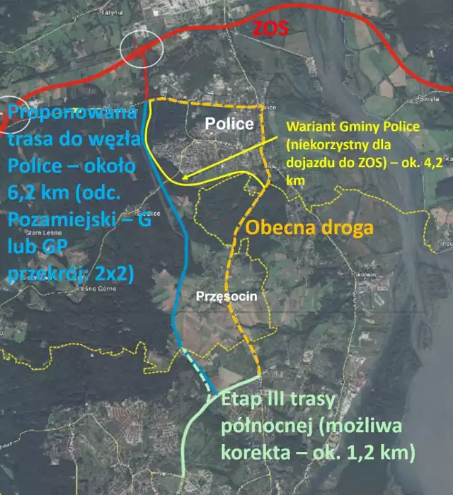 Na żółto zaznaczono przebieg obwodnicy proponowany przez władze Polic. Na niebiesko przebieg dłuższy, ale omijający zakorkowaną drogę w Przęsocinie i zakładający połączenie z Trasą Północną w Szczecinie