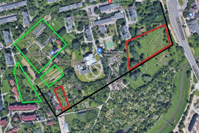 Mapka poglądowa. Na zielono tereny w całości lub części przeznaczone pod zieleń. Czerwony - tereny do zabudowy. Na czarno nowy przebieg drogi