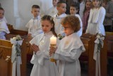 Pierwsza Komunia Święta 2024 w Malborku. W parafii św. Jana Chrzciciela dzieciom towarzyszły anioły na szczudłach