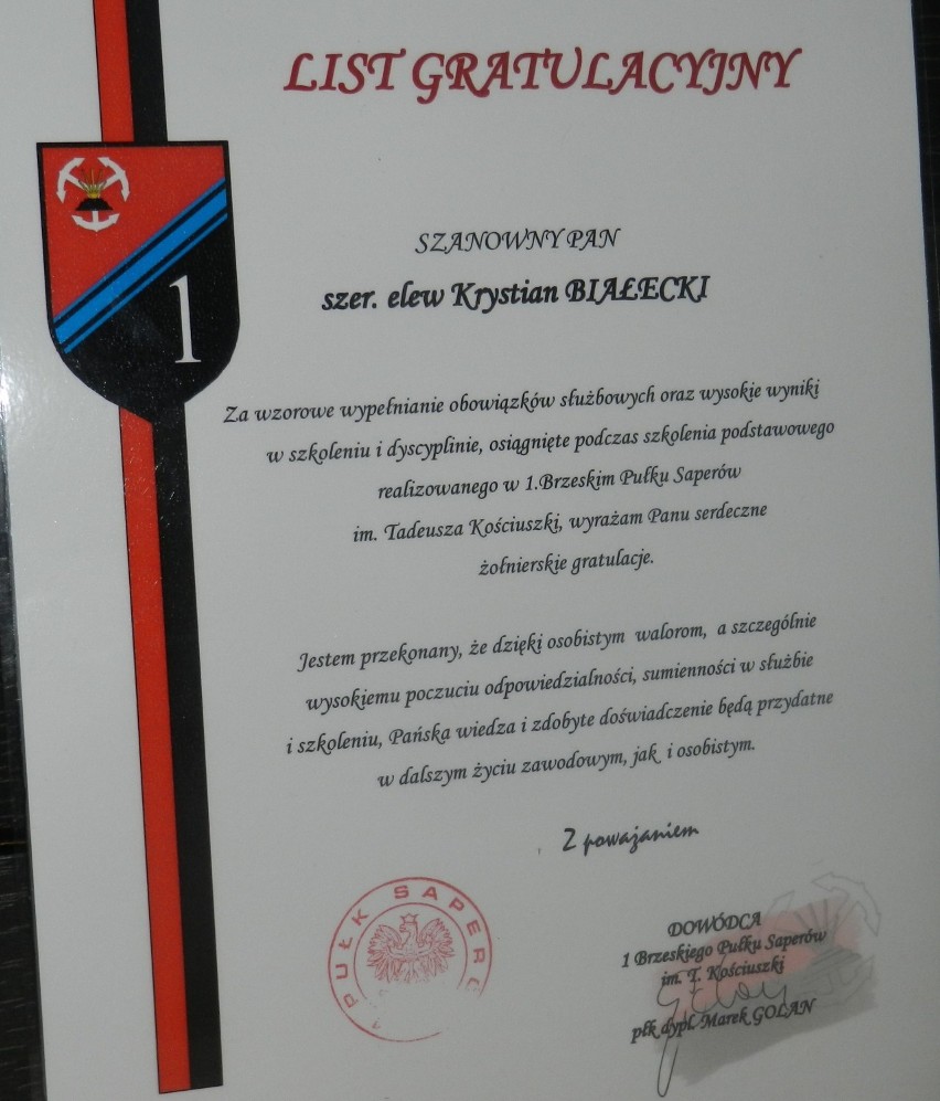 Krystian Białecki, absolwent opalenickiej mundurówki 1 Pułku Saperów w Brzegu FOT