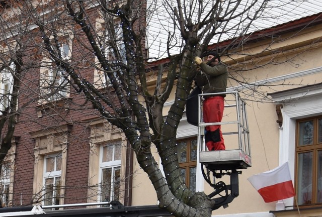 Na Rynku w Oświęcimiu przy Urzędzie Skarbowym 14 listopada zapaliły się światełka bożonarodzeniowe na jednym z drzew. Na razie to tylko "próba sprzętu". Na stałe zaświęcą planowo na początku grudnia.