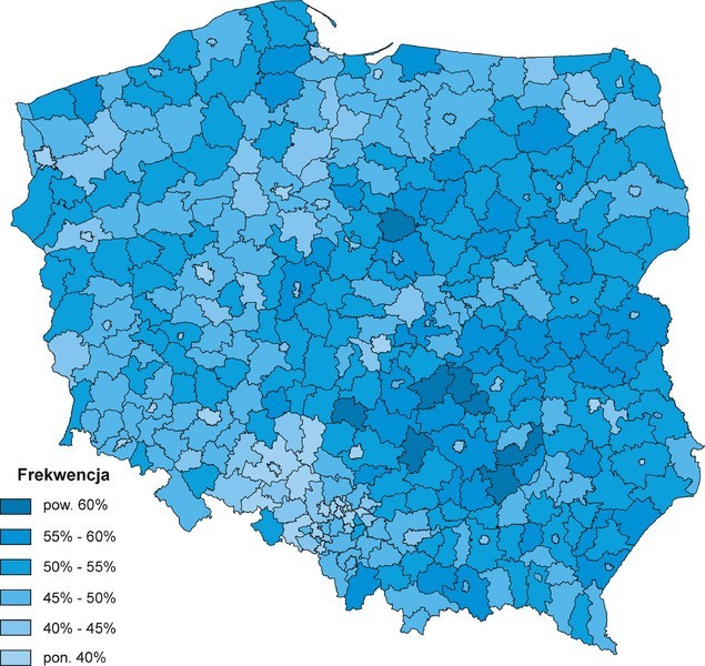 Źródło: http://commons.wikimedia.org/wiki/File:Frekwencja_wybory_samorz%C4%85dowe_2010_Polska.PNG?uselang=pl