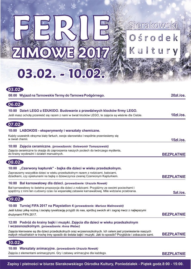 Ferie zimowe 2017 w Sierakowskim Ośrodku Kultury