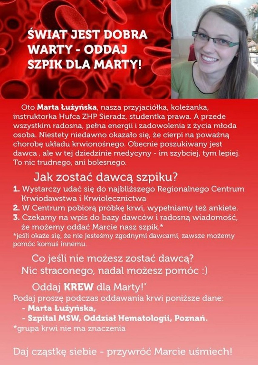 Akcja pomocy dla chorej sieradzanki. Szukany jest dawca szpiku dla Marty Łużyńskiej