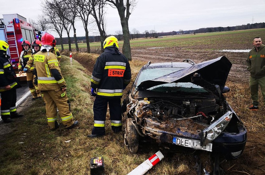 Wypadek na drodze w Trzebnicach, auto wylądowało w rowie