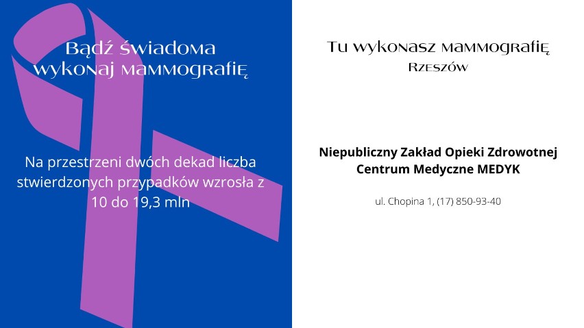 Bezpłatne badanie piersi dla pań w wieku od 50 do 69 lat. Sprawdź gdzie w Rzeszowie możesz wykonać mammografię