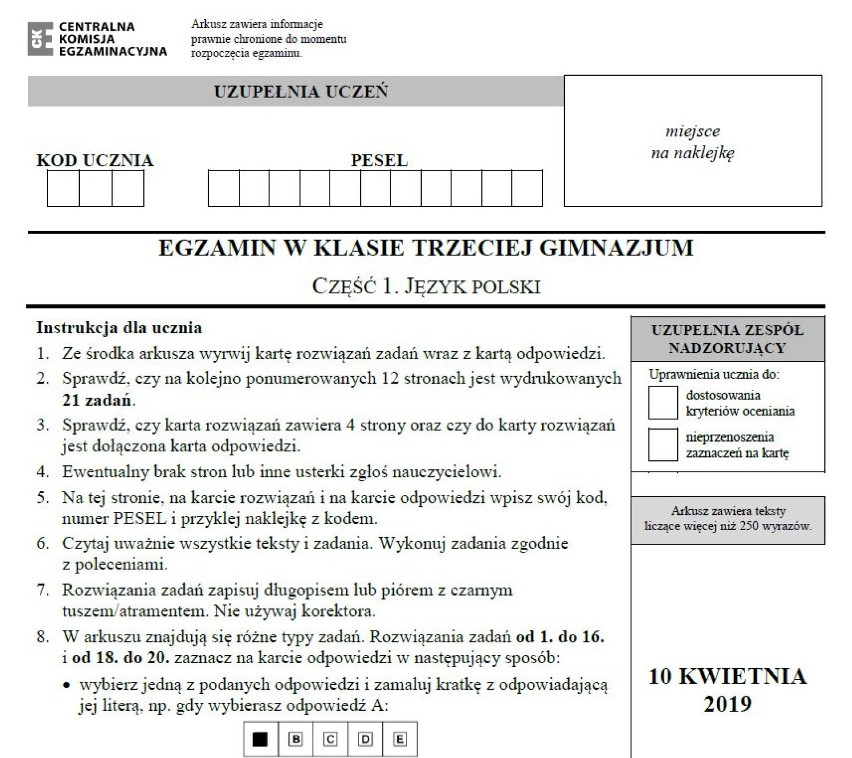 Egzamin gimnazjalny 2019. Język polski ARKUSZ I ODPOWIEDZI. Testy gimnazjalne (cz. humanistyczna) z języka polskiego 10.04.2019