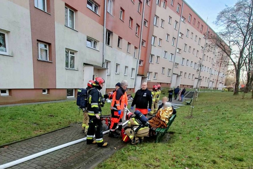 Pożar mieszkania w bloku przy ul. Grunwaldzkiej w Przemyślu. Do szpitala zabrano starszą kobietę [ZDJĘCIA, WIDEO]
