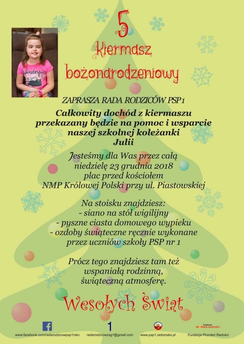 PSP 1 w Radomsku zaprasza na Wielki Charytatywny Kiermasz Bożonarodzeniowy dla Julii