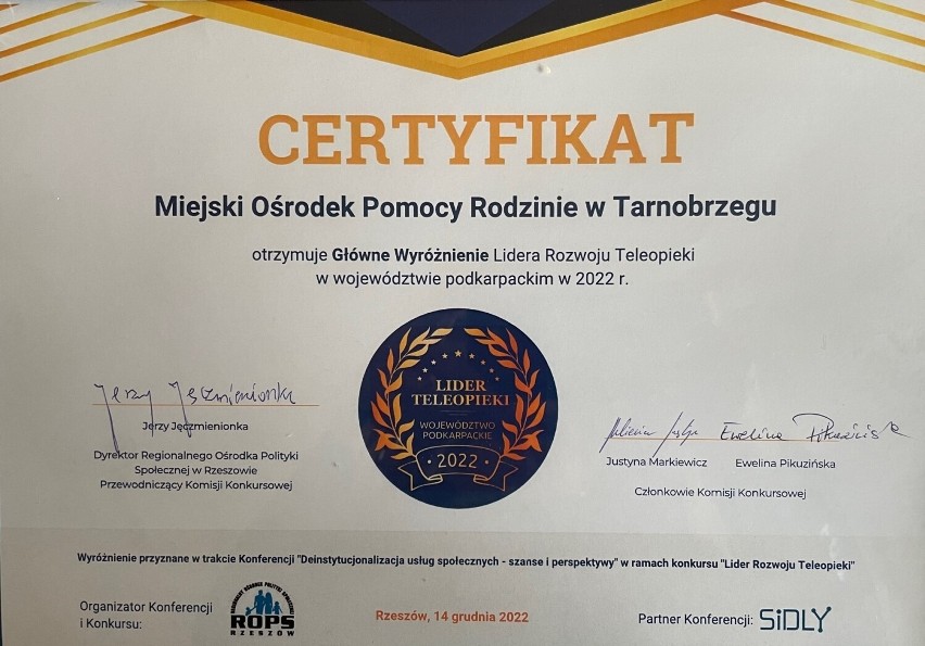 Miejski Ośrodek Pomocy Rodzinie w Tarnobrzegu wyróżniony w konkursie „Lider Rozwoju Teleopieki" 