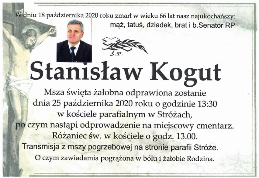 Stróże. Pogrzeb senatora Stanisława Koguta w niedzielę. W mszy św. może wziąć udział do 100 osób