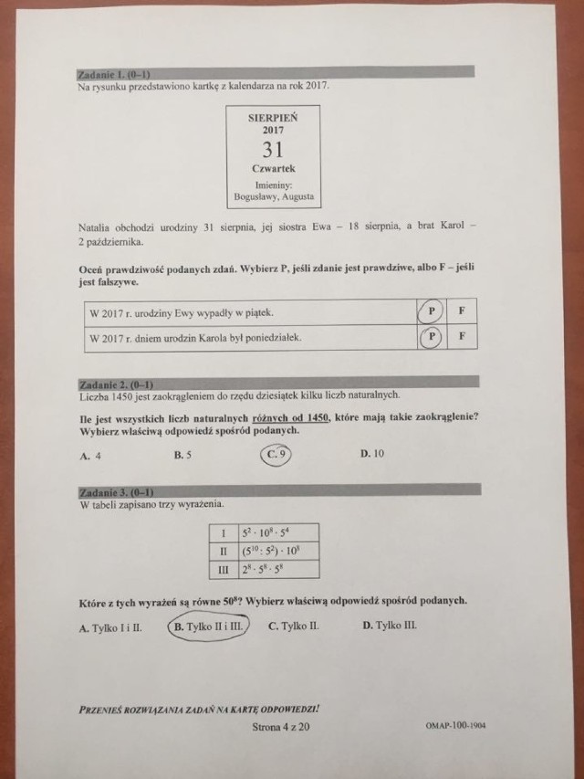 Egzamin ósmoklasisty 2019 MATEMATYKA Odpowiedzi