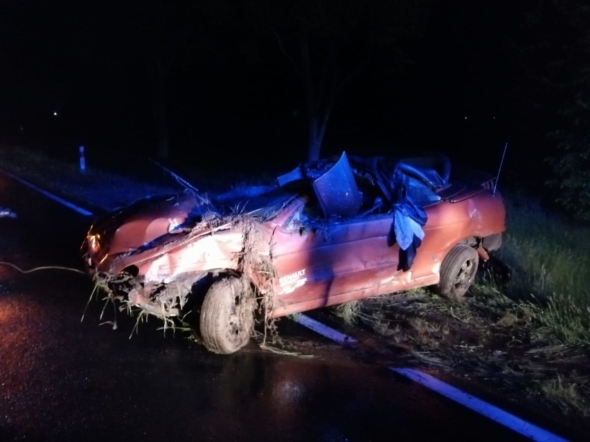 Osobowe renault zatrzymało się między drzewami przy DK nr 12. Kierowca był pijany i bez uprawnień [ZDJĘCIA]