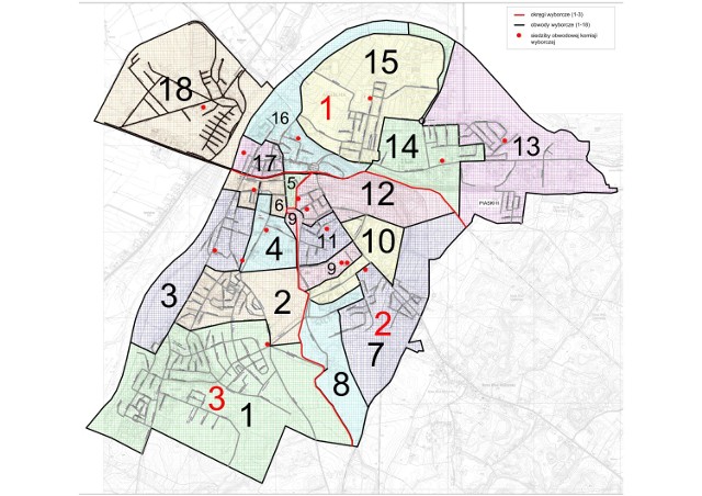 Na czerwono granice nowych okręgów wyborczych w Malborku, na czarno - obwody głosowania.