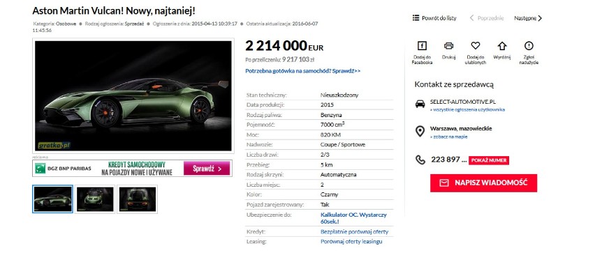 Aston Martin Vulcan
Cena: 2 214 000
Samochód pochodzi z...