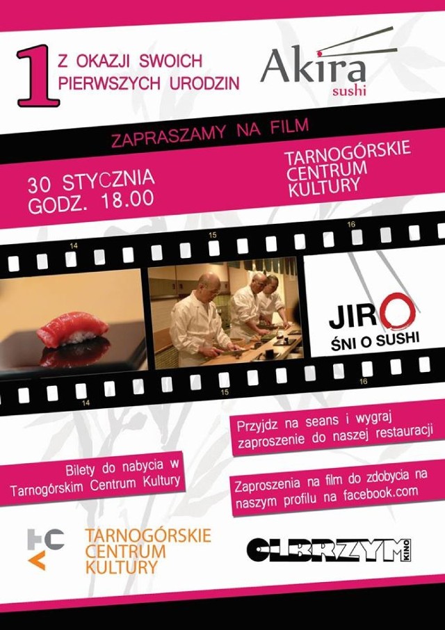 Plakat promujący degustacja sushi w kinie Olbrzym wraz z projekcją filmu  "Jiro śni o sushi".