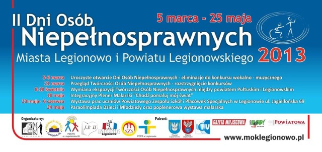 Plakat informujący o wydarzeniach II Dni Osób Niepełnosprawnych miasta Legionowo i powiatu Legionowskiego.