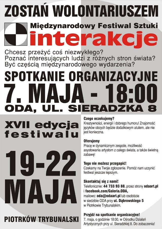 ODA poszukuje wolontariuszy, którzy pomogą w organizacji tegorocznego festiwalu Interakcje w Piotrkowie