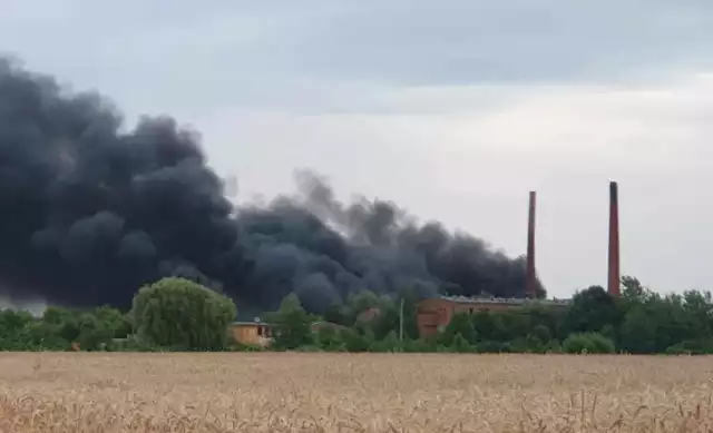 Pożar cegielni w Lenartowicach pod Pleszewem. Nad miejscowością unosiła się duża chmura czarnego dymy