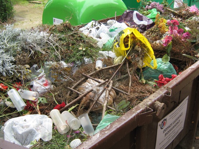 Do kontenerów na odpady biodegradowalne wrzucane są także znicze i sztuczne kwiaty, które powinny się znaleźć w pojemniku na pozostałe odpady