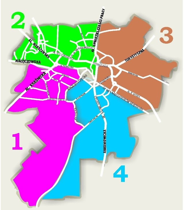 Nowy podział &quot;zielonego&quot; Lublina. 1 rejon od południowej granicy miasta, wzdłuż ul. Osmolickiej,  Diamentowej, Nadbystrzyckiej, do centrum oraz wzdłuż Al. Racławickich i ul. Nałęczowskiej. 2 rejon od zachodniej strony miasta i ul. Nałęczowskiej  przez al. Warszawską i na wschód  do al. Spółdzielczości Pracy. 3 rejon z północy od  al. Spółdzielczości Pracy do wschodnich granic miasta i na południe do Drogi Męczenników Majdanka. 4 rejon od południa wzdłuż ul. Osmolickiej, a od wschodu wzdłuż Drogi Męczenników Majdanka do ul. Lipowej w centrum miasta