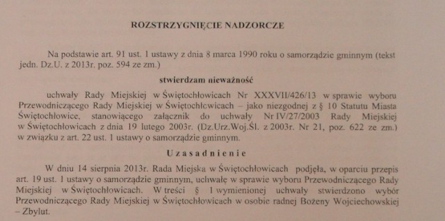 Decyzja wojewody ws. prawomocności sesji RM w Świętochłowicach