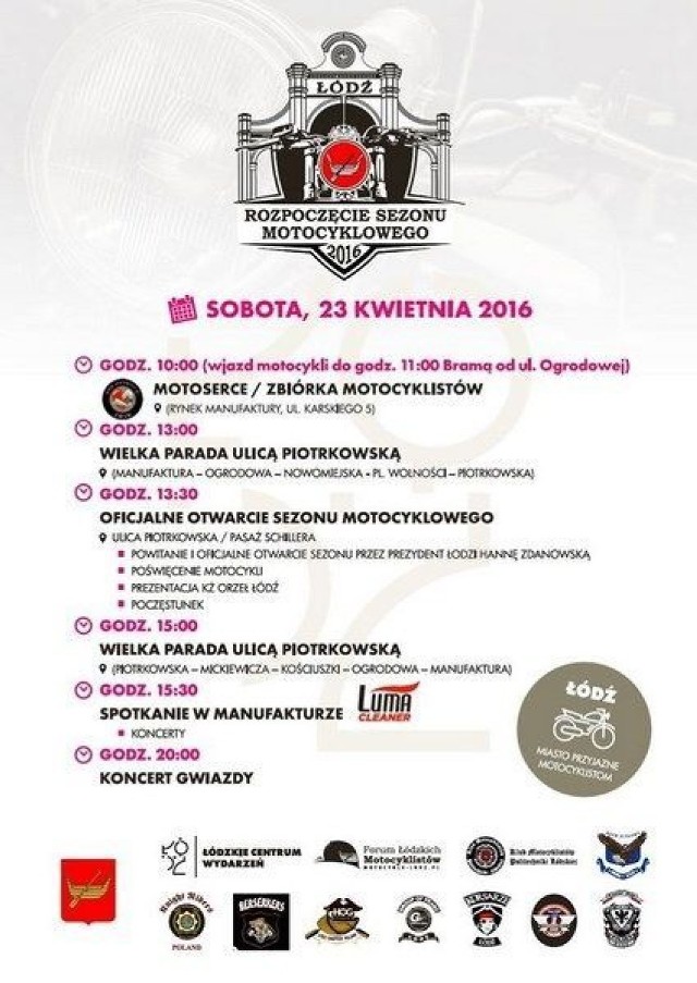 Plakat Rozpoczęcia sezonu motocyklowego 2016 w Łodzi. 
Fot. Mariusz Reczulski