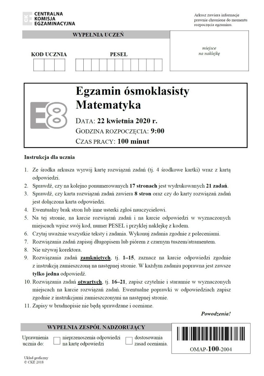 Egzamin ósmoklasisty 2020 MATEMATYKA. ODPOWIEDZI I ARKUSZE...