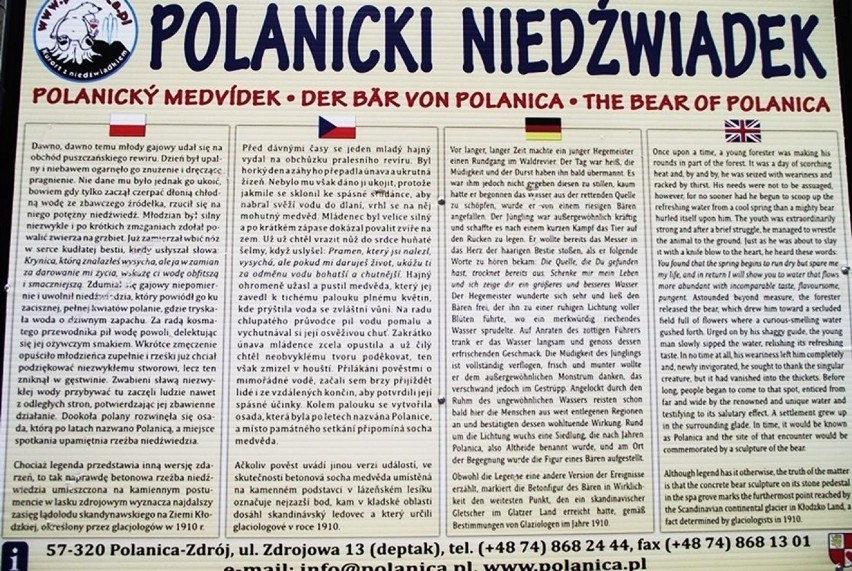 Legenda o polanickim niedźwiadku, spisana w kilku językach.