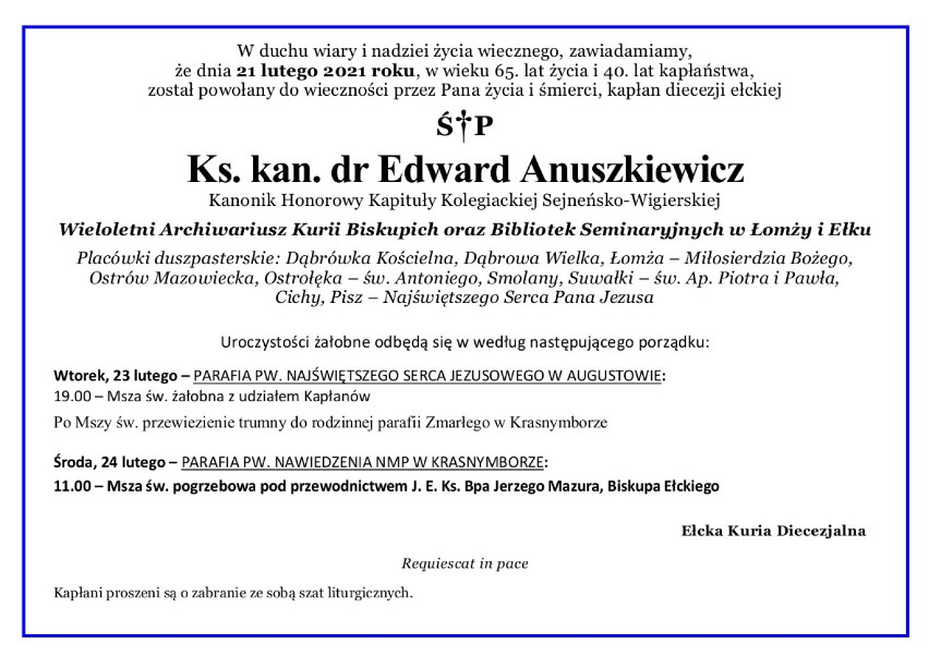 Pogrzeb księdza Edwarda Anuszkiewicza. Uroczystości pogrzebowe w Augustowie i Krasnymborze
