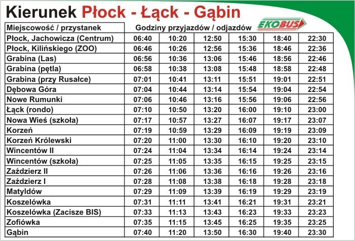 Rozkład jazdy busów Płock - Gąbin - Płock